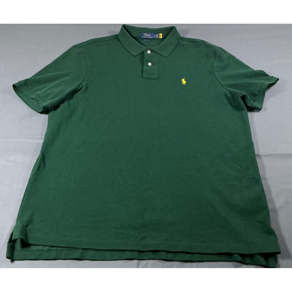 Polo Ralph Lauren Mens Classic Fit Green Pique Polo Shirt Yellow Pony Large